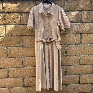 LC Lauren‎ Conrad Beige midi dress size L linen blend safarai style khaki.